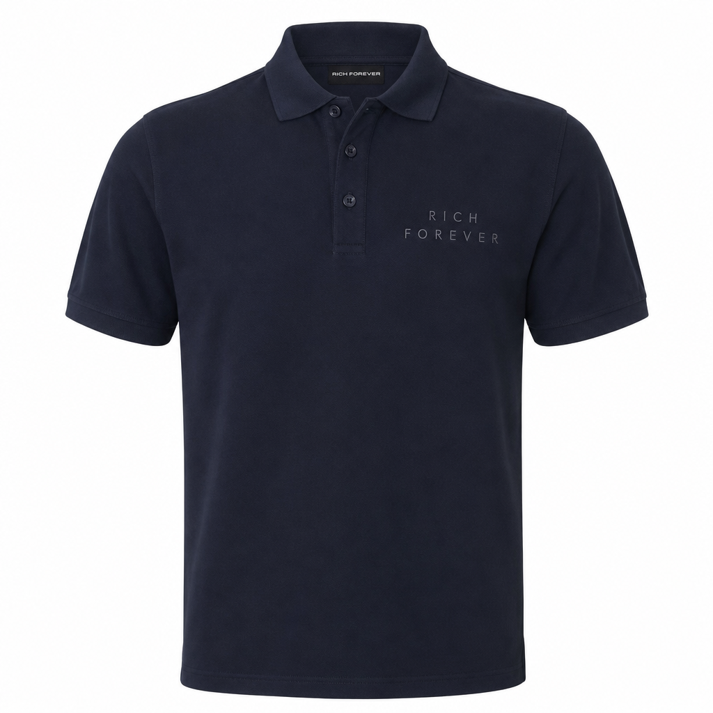 A dark navy blue short-sleeve polo shirt with 'RICH FOREVER' embroidered in blue on the left chest, displayed on a clean white background.
