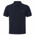 A dark navy blue short-sleeve polo shirt with 'RICH FOREVER' embroidered in blue on the left chest, displayed on a clean white background.