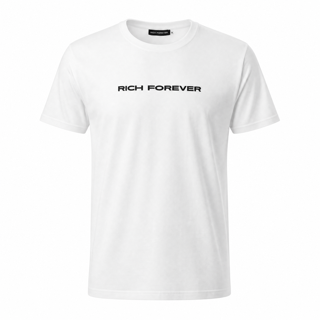 A white short-sleeve crewneck t-shirt with 'RICH FOREVER' embroidered in black sans-serif font across the chest.